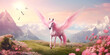 A beautiful flying horse with wings pink Pegasus. winged divine stallion mythical creature from Greek mythology. high in the beautiful sky at sunset in the clouds, Lovely unicorn in idyllic landscape
