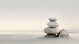 Fototapeta Desenie - Minimalist, abstract background, A stack of rocks rests atop the sandy beach, serene calm peaceful Zen atmosphere, wallpaper