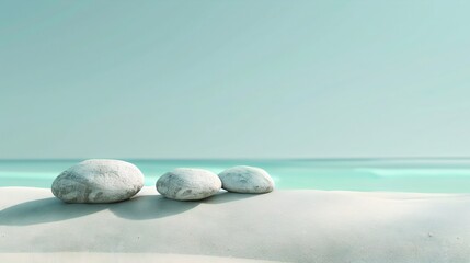 Wall Mural - Minimalist, abstract background, A stack of rocks precariously balanced on top of a sandy beach, minimalist composition against the backdrop of the ocean