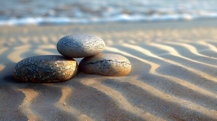 Wall Mural - Minimalist, abstract background, A stack of rocks precariously balanced on top of a sandy beach, minimalist composition against the backdrop of the ocean