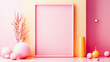 Pastel pink and yellow still life with a blank frame, decorative spheres, a vase, and sprigs on a dual-toned background.