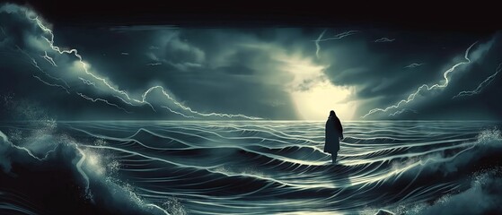 Canvas Print - Jesus walking on water during a stormy night, digital illustration