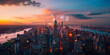 New York Manhattan panorama with America USA flag, vanilla sky lots of fireworks at sunset. 4 July Independence Day celebration