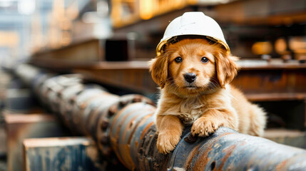 A cute puppy wearing a safety helmet lies on an industrial pipeline, suggesting a playful take on a construction site.