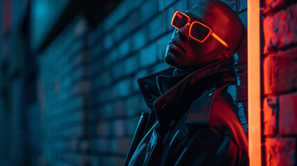 A man leans against a brick wall his face illuminated by the neon lights behind him. He wears a sleek black trench coat and a pair of neon orange sunglasses that add a pop of color .