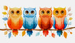 Four colorful, stylized cartoon owls perched on a branch, each with a distinct color scheme, looking cute and whimsical.