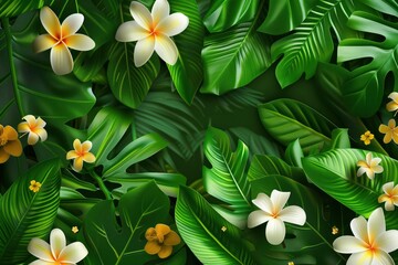 Wall Mural - Floral Wallpaper with Exotic Tropical Theme. Lush Greenery and Frangipani Flowers in a Dense Jungle Pattern.