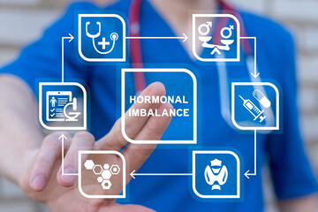 Doctor using virtual touch screen presses inscription: HORMONAL IMBALANCE. Hormonal imbalance medicine and healthcare concept. Hormone disproportion. Woman hormonal imbalance.