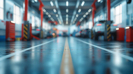 Car service station interior Blurred view of a modern automobile repair shop with cars on a wet floor