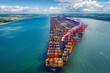 Aerial view of colorful containers on cargo ships at port of Southampton