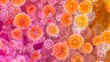 A highly magnified image of tiny algae cells each one containing tiny specks of pink and orange pigments tered throughout.