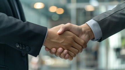 Two businessman shake hand with partner to celebration partnership and business deal concept.