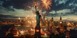 New York Manhattan panorama with Liberty Statue and America USA flag, vanilla sky lots of fireworks at sunset. 4 July Independence Day celebration