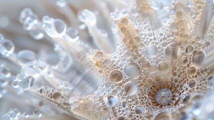 Canvas Print - Crystallike structure of a mushroom spore with unique patterns and textures that resemble a snowflake but at a microscopic scale.