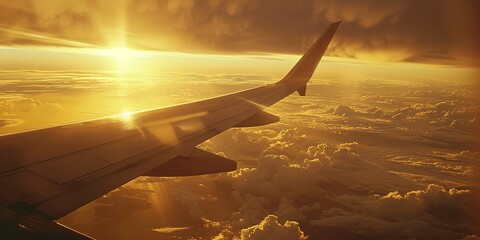 Canvas Print - Airplane wingtip at sunset, close-up, golden sky, flight's graceful ascent