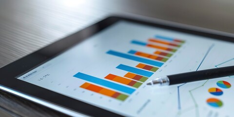 Poster - Project performance metrics on a tablet, KPIs highlighted, close view, strategic