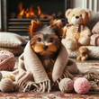 yorkshire terrier sitting in front of a fireplace IV