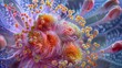 Magnified view of a blooming flowers stigma covered in pollen grains waiting to be dispersed by pollinators.