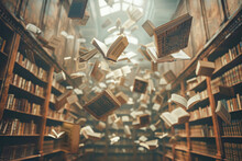 A Library Filled With Books Is Shown In A Surreal Way, With The Books Flying Through The Air. Concept Of Chaos And Disarray, As If The Books Have Come To Life And Are Now Soaring Through The Air