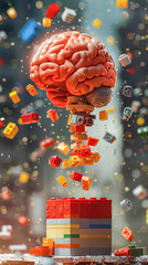 Wall Mural - A brain made of legos is exploding. The brain is made of many different colored legos, and the explosion is creating a lot of debris. The image is a creative and playful representation of the brain