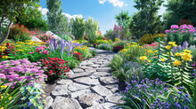 A Garden Path Is Lined With Colorful Flowers And Plants. The Path Is Made Of Stone And Is Surrounded By A Lush Green Forest. The Flowers Are In Full Bloom, Creating A Vibrant And Lively Atmosphere