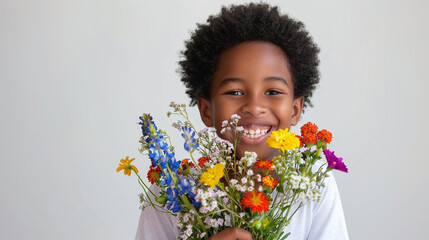 Happy, smiling kid with bunch of colorful flowers for mothers day or birthday celebration. White background, Isolated.  Horizontal banner.