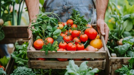 Sticker - A person standing in a garden, holding a wooden crate filled with fresh tomatoes