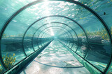 Fototapeta  - A long tunnel with water and plants. The tunnel is made of glass and is very long