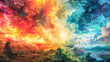 A colorful painting of a sky with clouds and a sun. The sky is divided into two parts, one with a red and orange hue and the other with a blue and white hue. The painting conveys a sense of wonder