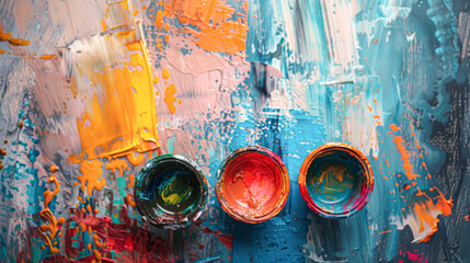 Sticker - Three paint cups with different colors are on a canvas with paint splatters. The colors are red, yellow, and blue. Scene is vibrant and energetic, with the colors