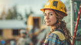 Fototapeta  - A woman wearing a yellow hard hat stands in front of a building. She is smiling and she is proud of her work