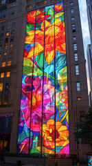 Poster - A large building with a colorful mural of flowers on it. The mural is illuminated and creates a vibrant atmosphere