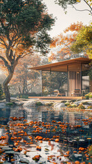 Poster - A beautiful scene of a pond with a wooden house and a tree in the background