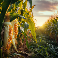 Corn cobs with corn plantation field background.