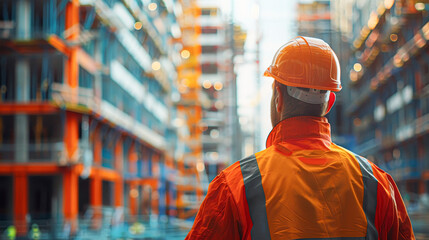 Wall Mural - A man in an orange vest and hard hat stands in front of a building. The man is wearing a reflective vest and a hard hat, which suggests that he is working in a construction site