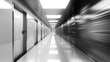 A black and white image of a long hallway extending far into the background in a sleek data center