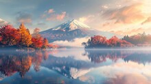 The Colorful Autumn Season And Mount Fuji With Morning Fog And Red Leaves At Lake Kawaguchiko Are Some Of The Best Places In Japan.