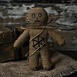 A mystical voodoo doll texture, crafted from burlap and bound with twine, featuring dark magic influences created with Generative AI Technology