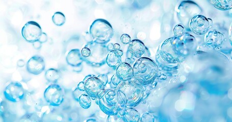 composition of transparent blue bubbles, lots of small blue bubbles, white background, super quality 