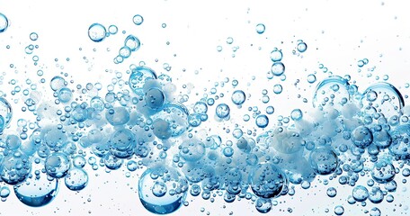 composition of transparent blue bubbles, lots of small blue bubbles, white background, super quality 