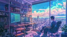Anime Style Boy Programming On Computer In His Room With Big Window With Nice View Of The City Landscape. Relaxed Colorful Apartment, Tranquil Digital Painting. Lofi