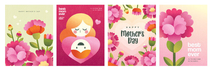 Wall Mural - Set of Happy Mother's Day flat vector illustration in geometry style. Mom with child, flowers and abstract geometric shapes.
