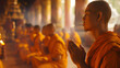 Buddhist monks pray in the morning at the Temple. Thailand culture about religion