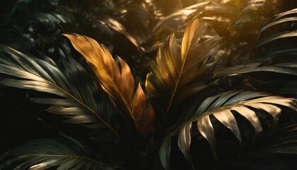 Wall Mural - foliage of tropical leaf in dark green texture abstract pattern nature background