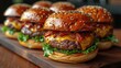 burgers in a line diffirent flavours, Melted Cheese, bacon etc, Mouthwatering Assortment of Burgers!