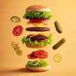 stylised burger isometric, floating ingredients above each other, buns, burger patty, pickles, tomato, lettuce leaf, kimchi