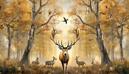 3d abstraction modern and creative interior mural wall art wallpaper with dark and golden forest trees stag deer animal wildlife with birds