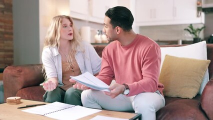 Poster - Stress, finance and couple with documents on sofa for mortgage loan, insurance or debt in living room. Savings, frustrated man and woman with paperwork for budget, tax audit or inflation in home