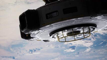 Wall Mural - futuristic lab made of metal and glass, reminiscent of a spaceship, spinning around earth's orbit. e