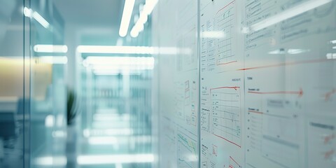 Poster - Whiteboard with project milestones, clear planning, office background, close-up 